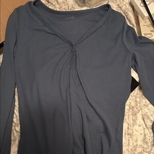 American Eagle Long Sleeve Ribbed Henley Top - Slate Blue